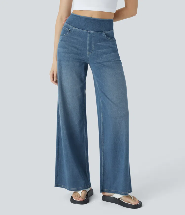 Weite Stretch-Jeans mit hoher Taille ohne Reißverschluss