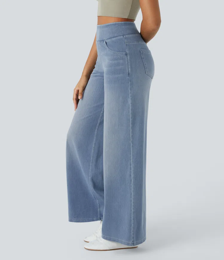Weite Stretch-Jeans mit hoher Taille ohne Reißverschluss