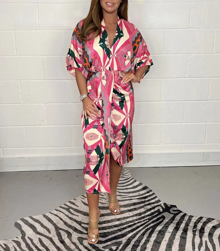 EthnoGlanz | Kimono-Midikleid mit Geometrischem Ethno-Print