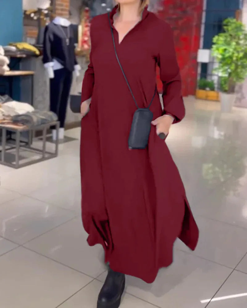 EleganzKleid | Stilvolles langes Kleid mit Kragen und Taschen