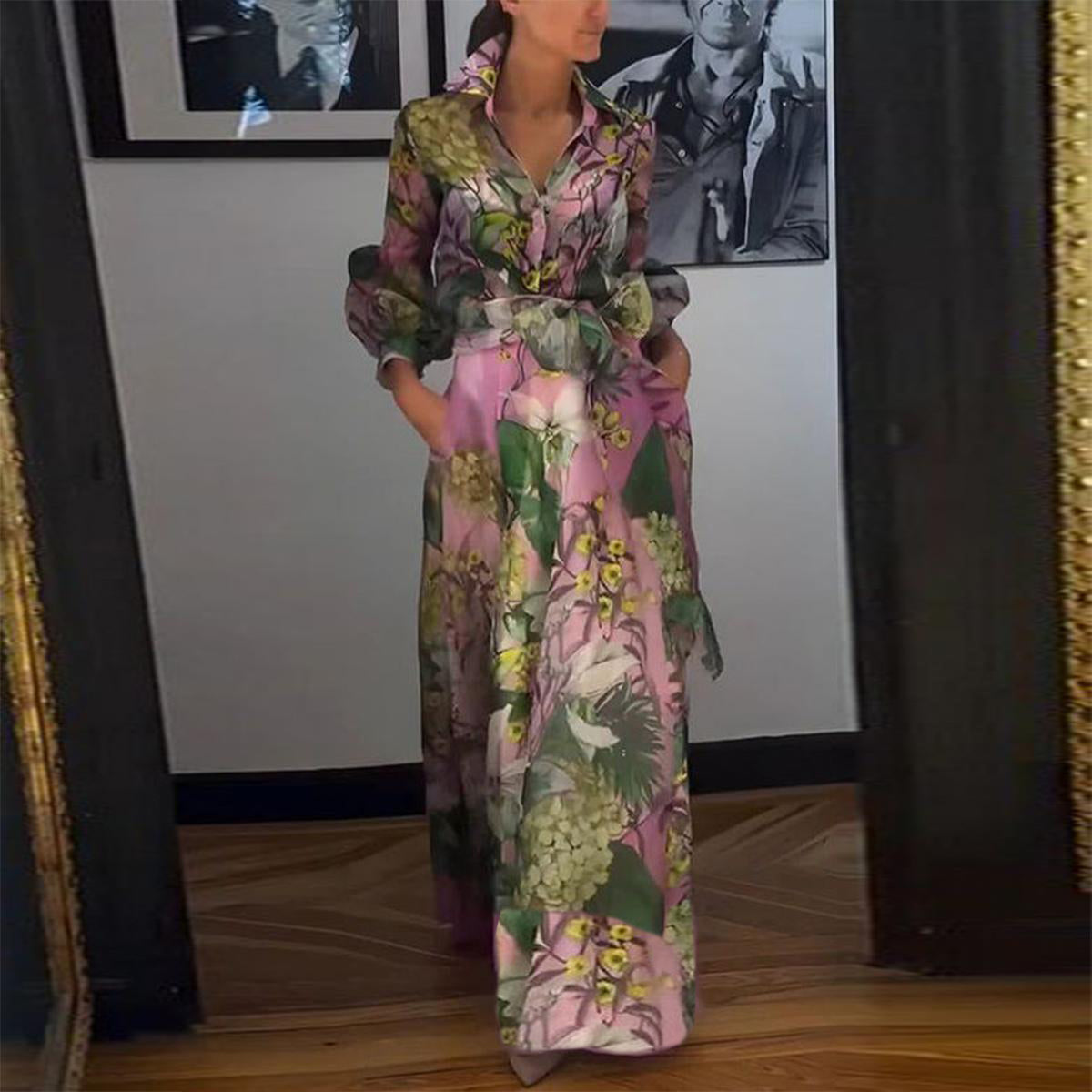 Fließender Stoff | Maxikleid mit Kragen & buntem Blütendruck