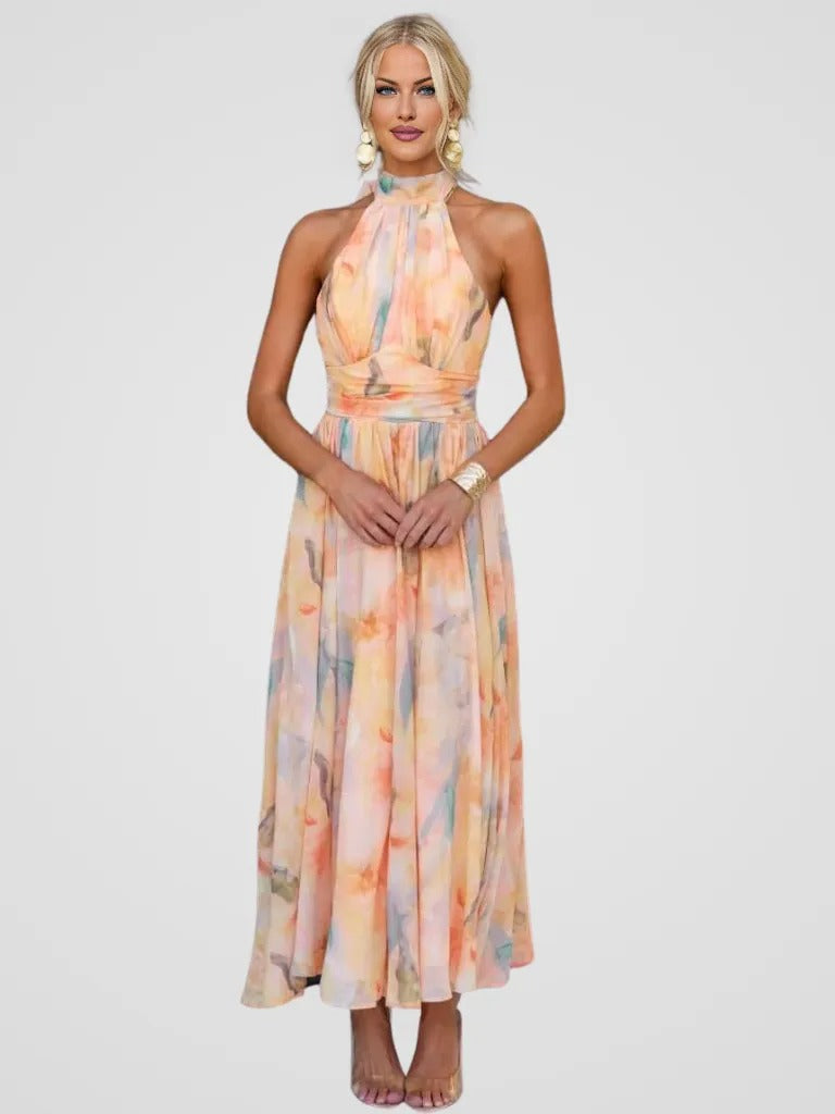 PastellGlanz | Langes Kleid mit fließendem Stoff und Muster
