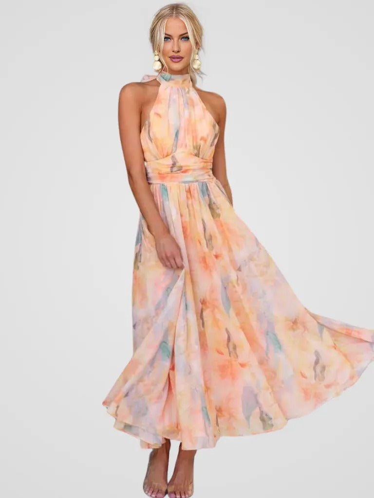 PastellGlanz | Langes Kleid mit fließendem Stoff und Muster